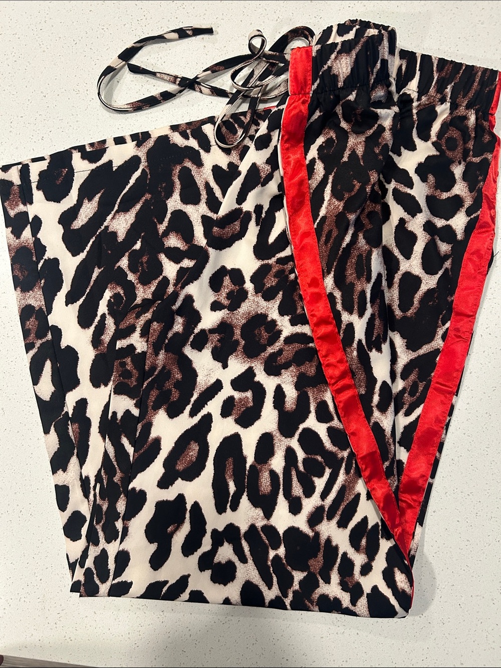 Leopard Print Polyester Pants with Red Trim - Women's